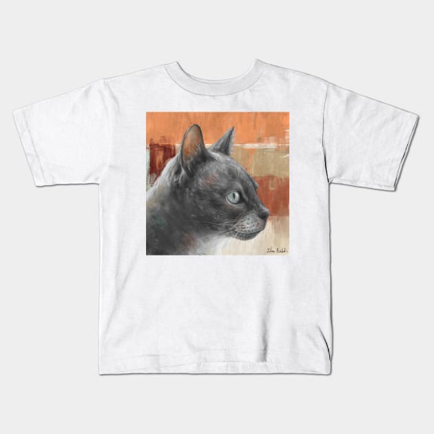 Painting of a Grey Cat with Teal Colored Eyes, in Retro Orange Background. Kids T-Shirt by ibadishi